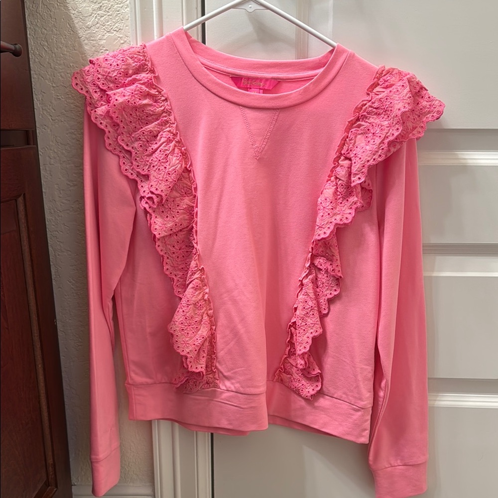 NWOT Lilly Pulitzer Deva Ruffle Sweatshirt Eyelet Pink Size XS